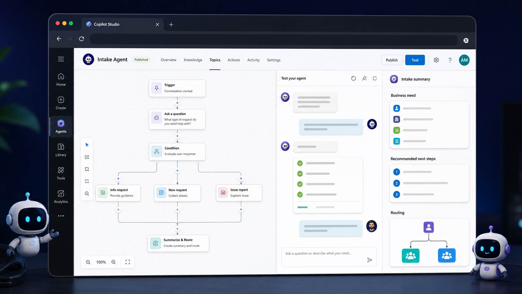 Realistic Copilot Studio intake agent builder visual