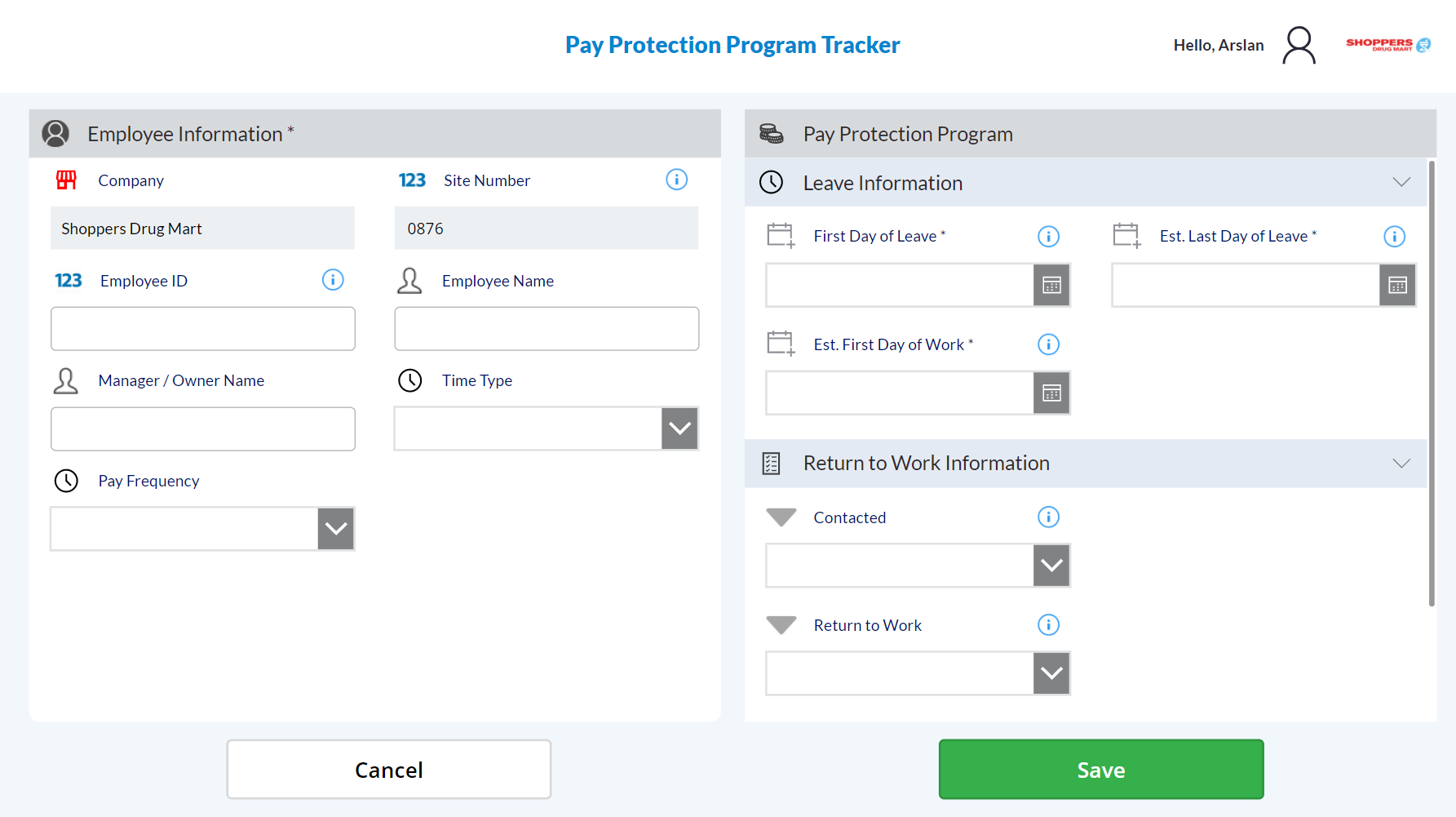 Pay Protection Tracker entry screen for employee and leave details