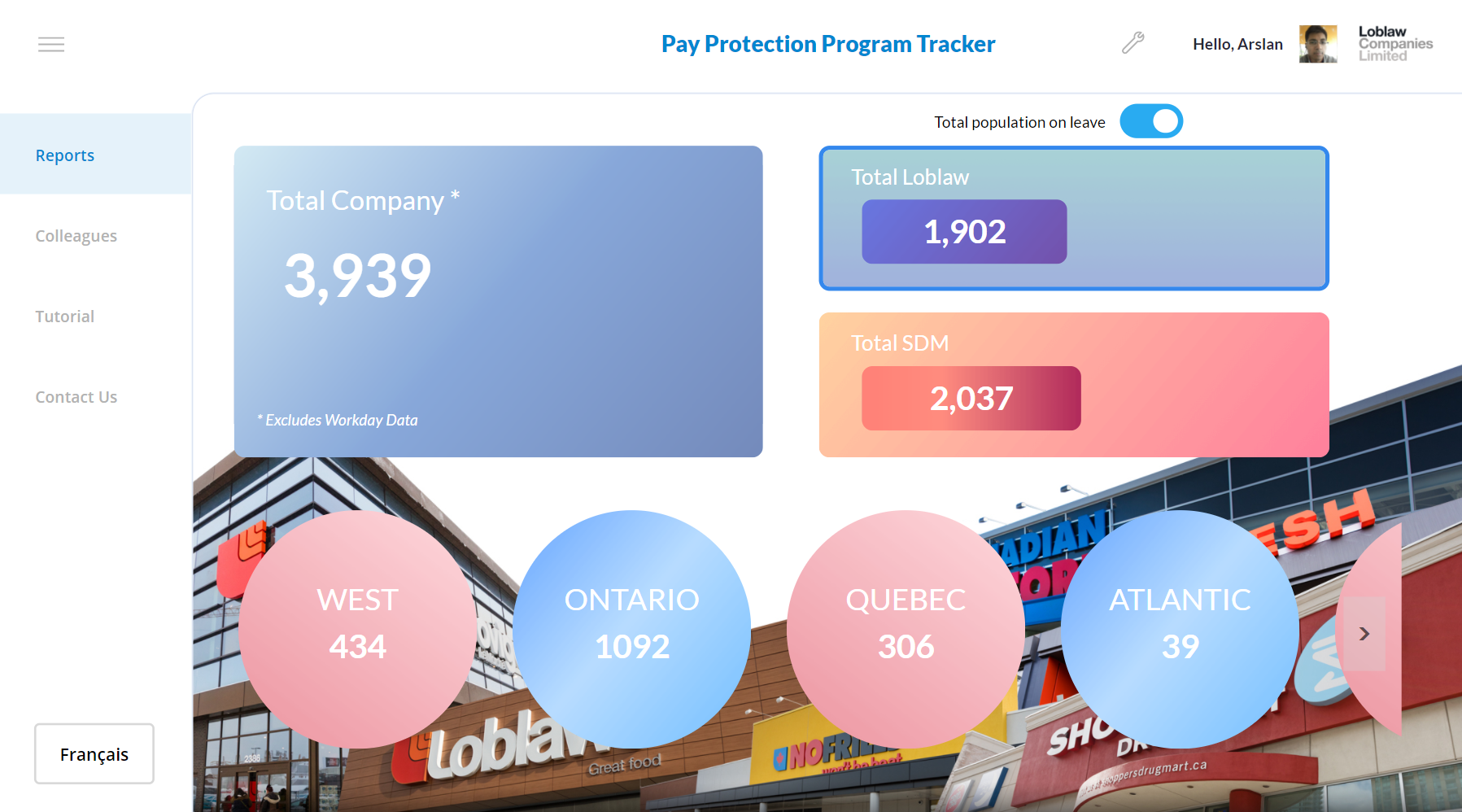 COVID-19 Pay Protection Tracker reporting screen showing employees on leave by company and region
