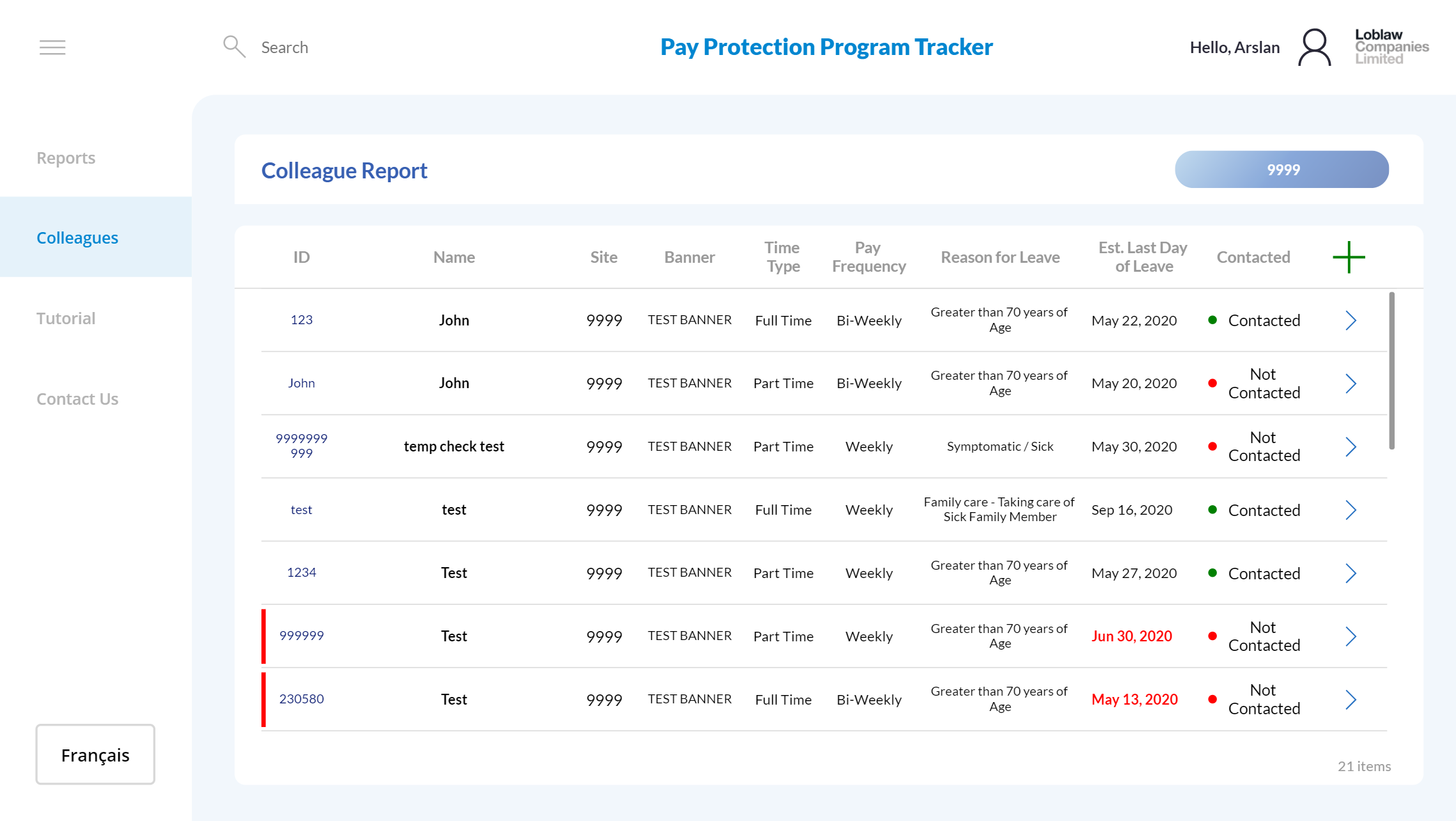 Pay Protection Tracker records screen showing employee leave records