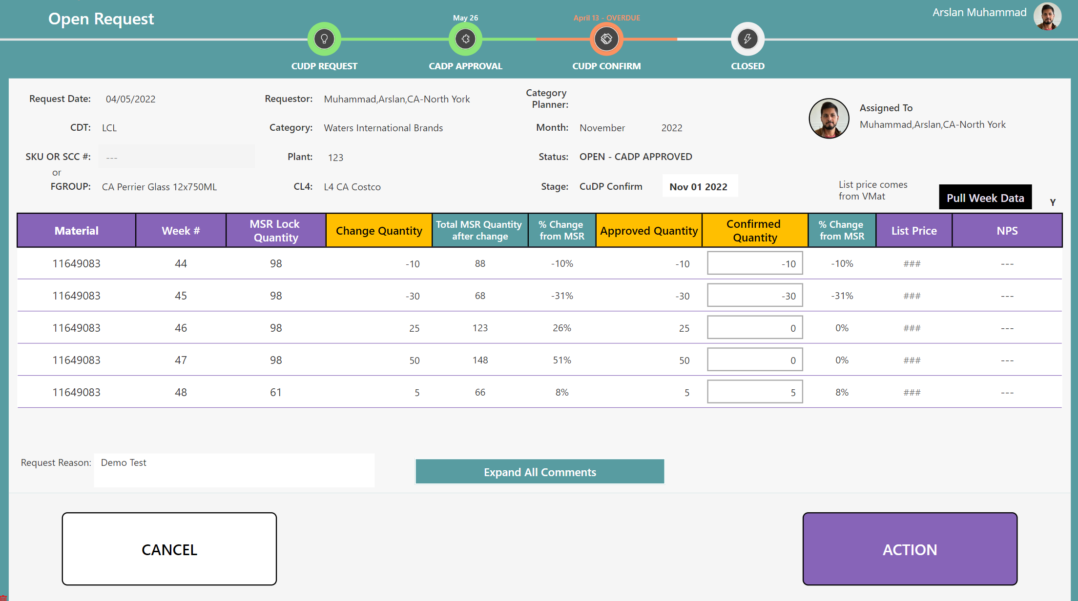 Demand Planning request and edit screen for weekly SKU delivery changes