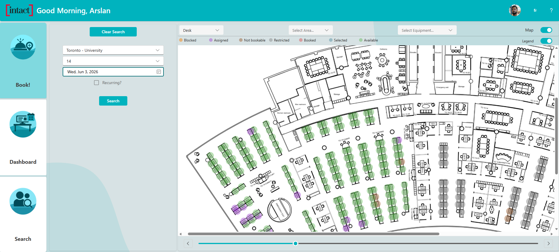 IFC Desk Booking Tool map-based desk selection screen