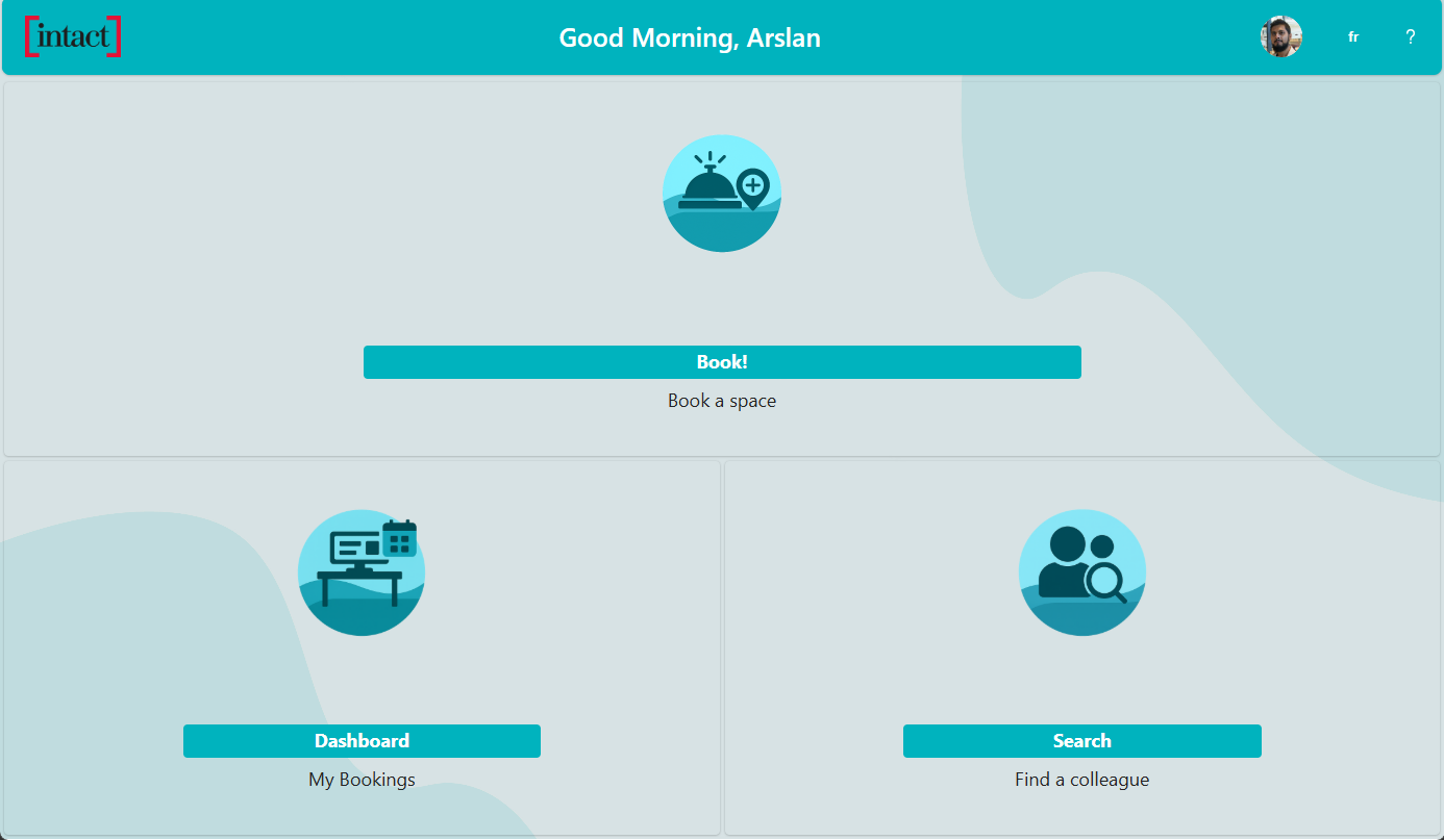 Desk Booking Tool home page with book, dashboard, and search actions