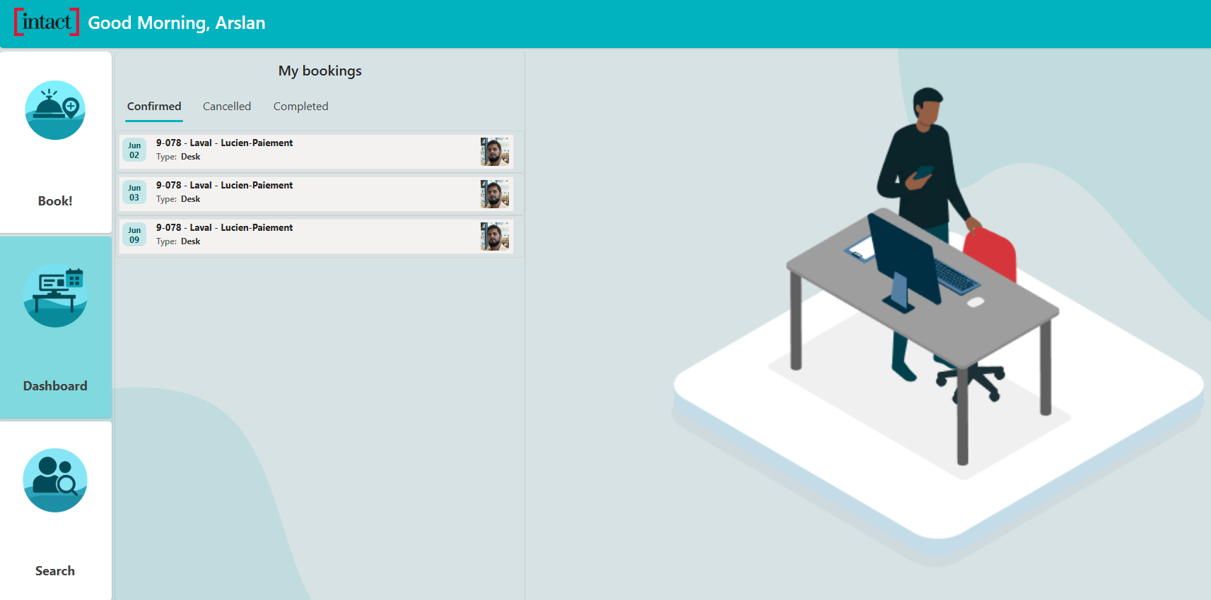 Desk Booking Tool bookings dashboard showing confirmed reservations