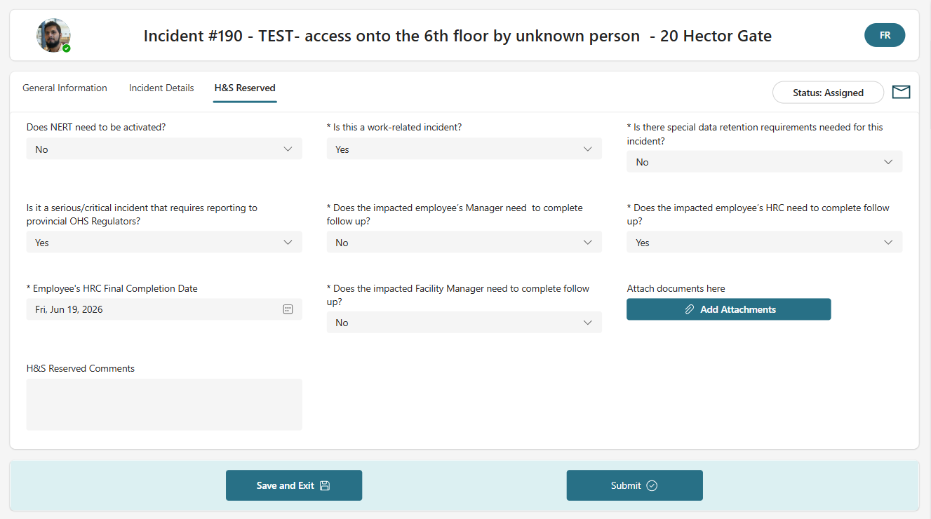 Health and Safety Incident App form screen for incident details