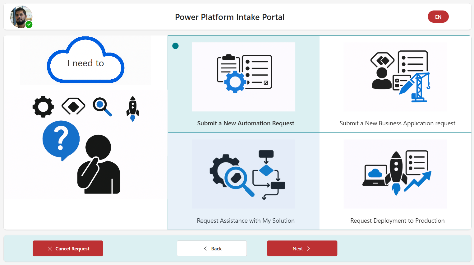 Power Platform Intake Portal guided request selection screen