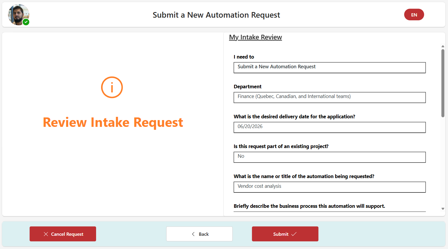 Power Platform Intake review screen before submitting a request