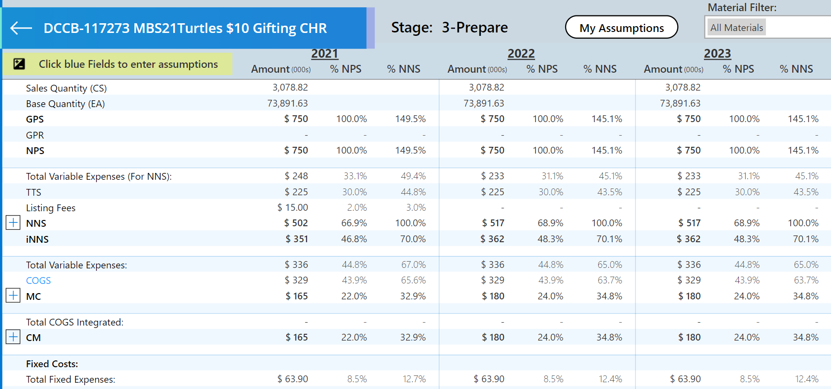 Generated profit and loss statement from product cost inputs