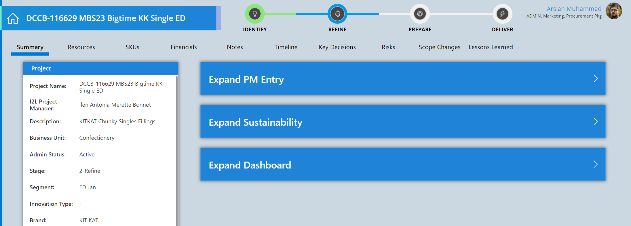 Product Life Cycle project detail screen