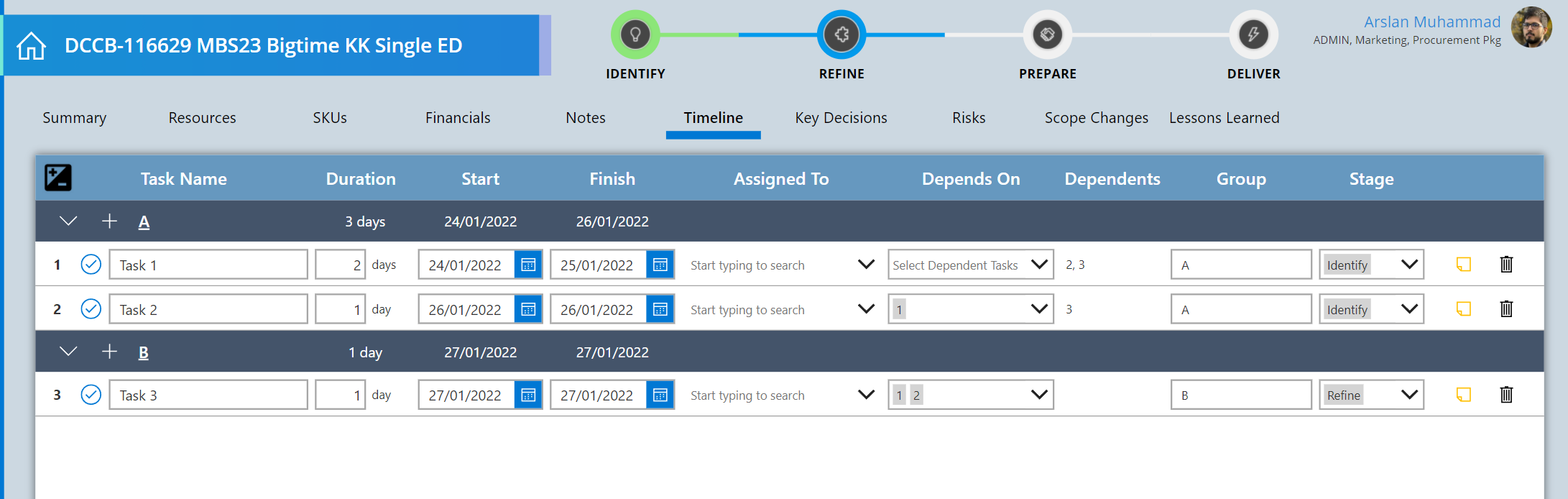 Project timeline generated from task entries